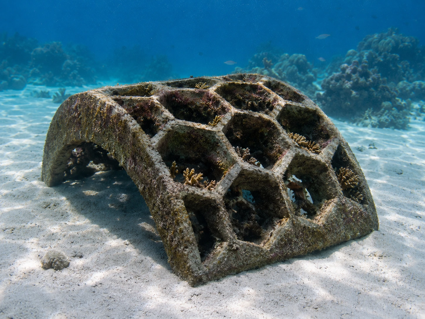 The Enchanted Reef — a honeycomb-dome eternal reef on the sandy seafloor, its lattice colonized by coral and surrounded by clear blue water