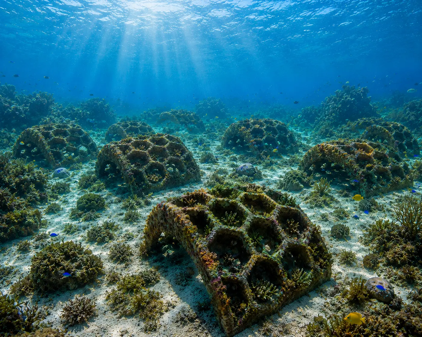 A thriving cluster of honeycomb dome Eternal Reef memorials encrusted with living coral on the sunlit ocean floor, surrounded by fish and clear blue water